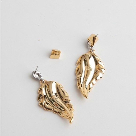 Alexis Bittar Gold Georgian Feather Swarovski Crystal Post Drop Hinged Earrings - Picture 5 of 15